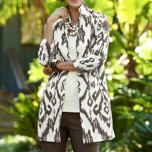 Chico’s Ikat Brown and White 100% Linen Open Front Blazer Cardigan | Size XL